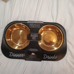 New Pet Diva Gold Stainless Steel Double Pet Dish Dinner / Drinks Removable Bowl
